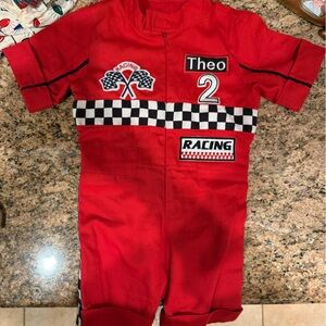 Persinalized Red Racing Jumpsuit with Checkered Details